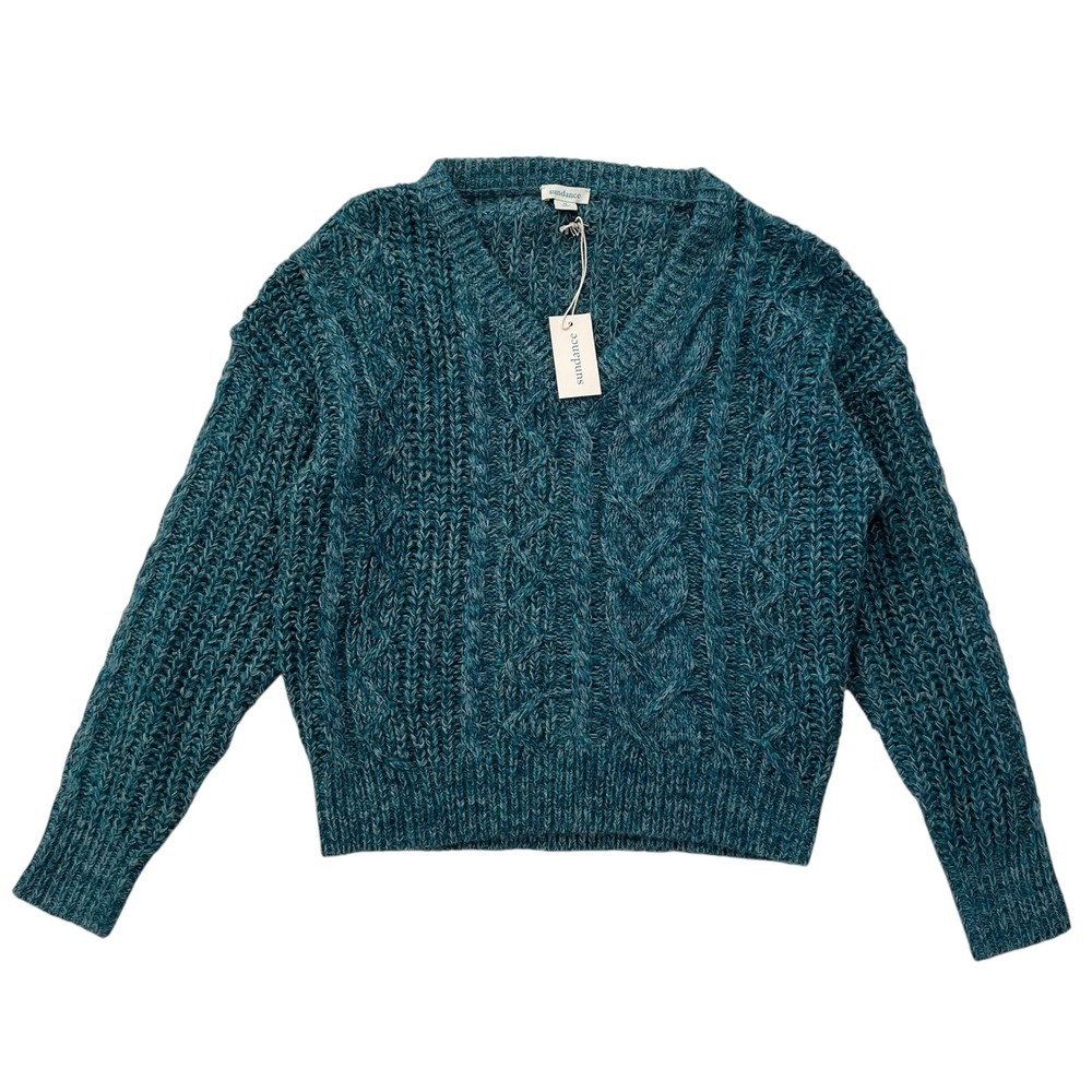 NWT Teal Blue Sundance Marlyse Chunky‎ Cable Knit V Neck Sweater SZ M Fisherman
